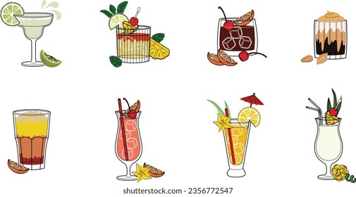 Alcohol drinks line art illustration. Vector illustration of cocktails