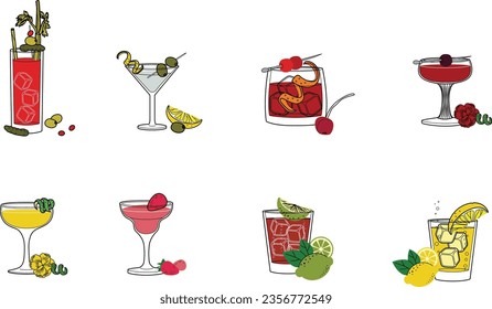 Ilustración de la línea de bebidas alcohólicas. Ilustración vectorial de los cócteles