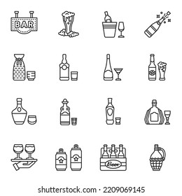 Alcohol drinks line icon set. Bottles, glasses for restaurants and bars.