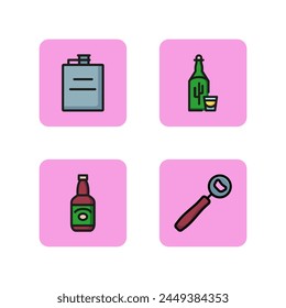 Alcohol drinks line icon set. Tequila and beer in bottle. Noisy party with friends concept. Can be used to topics like night life and night clubs