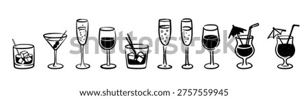 Alcohol Drinks Line Icons Collection. Wine Glass, Cocktail, Shot, Champagne and Bar Symbols Outline Set.