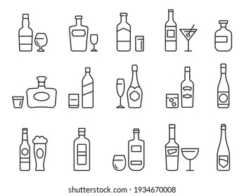 Alcohol drinks line icons. Outline bottles and glasses with beer, wine and bar cocktails. Pub menu symbols for alcoholic beverage vector set - Shutterstock ID 1934670008