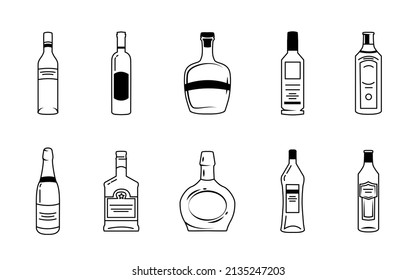 Alcohol drinks line icons. Outline bottles with beer, wine and bar cocktails. Pub menu symbols for alcoholic beverage vector set. Vector isolated bottles of vodka, whiskey and wine, elite cognac