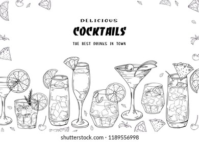 Alcohol drinks menu. Bar brochure template for cafe or restaurant. Vector illustration with hand drawn elements.