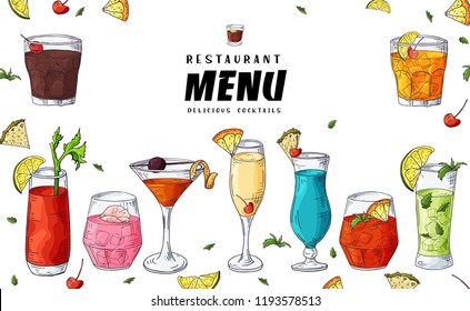 Alcohol drinks menu. Bar brochure template for cafe or restaurant. Vector illustration with hand drawn elements.