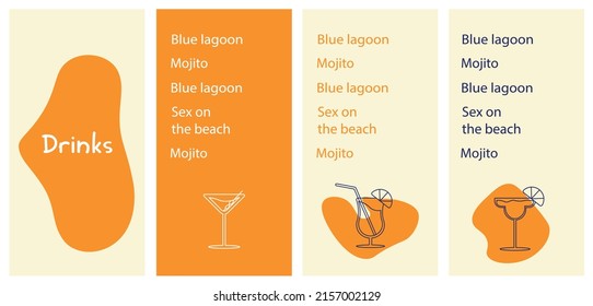 Alcohol drinks menu. Bar brochure for cafe or restaurant. Vector illustration with lineart elements.