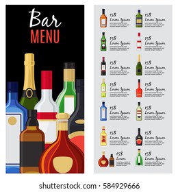 Alcohol drinks menu template for bar and restaurant with bottles, description and prices. Vector illustration.