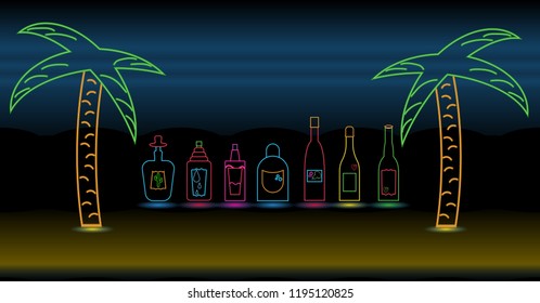 Alcohol drinks on the beach with palm trees neon vector illustration