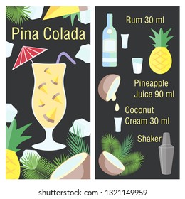 Alcohol drinks and Pina Colada cocktail icon set in flat design style