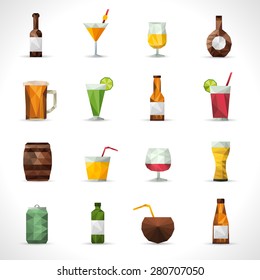 Alcohol drinks polygonal icons set with beer bottle cocktail glass isolated vector illustration