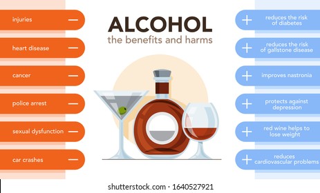 Alcohol Drinks Pros And Cons Infographic. Drinking Alcohol Effect And Consequence. Vector Illustration