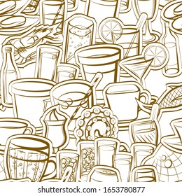 Alcohol, Drinks and Seafood pattern. Background for printing, design, web. Seamless. Binary color.