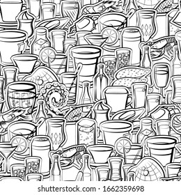Alcohol, Drinks and Seafood pattern. Background for printing, design, web. Seamless. Monochrome binary, black and white.