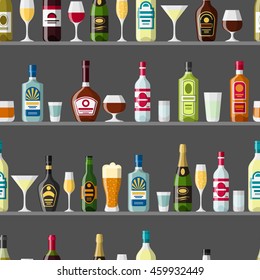 Alcohol drinks seamless pattern. Bottles, glasses for restaurants and bars.