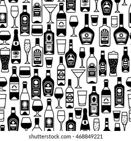 Alcohol drinks seamless pattern. Bottles, glasses for restaurants and bars.