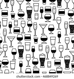 Alcohol drinks seamless pattern. Glasses for restaurants and bars.