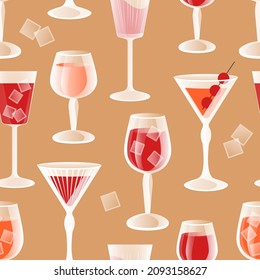Alcohol drinks seamless pattern. Transparent wine glasses and glasses with wine, champagne and aperol. Bar festive collection. Vector.