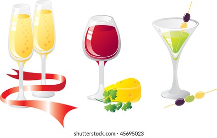 Alcohol drinks set. With cheese, greens and olives. Glasses are decorated by tapes. Without a transparency. Isolated on a white background