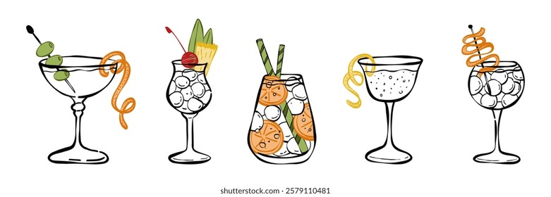 Alcohol drinks set. Hand drawn sketch set of tropical cocktails. Vector illustration. Outline bar menu, cold drinking restaurant beverages set.