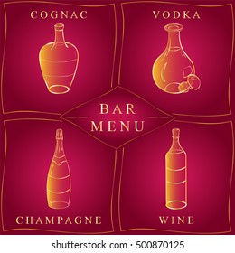 Alcohol Drinks. Set of Hand-Drawn Bottles in Golden Frames isolated on Red. Glass Bottles with Cognac, Vodka, Champagne and Wine. Perfect Design Elements for Wine Cards and Menu. Vector Illustration.