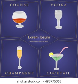 Alcohol Drinks. Set of Hand-Drawn Wineglasses in Golden Frames isolated on Blue. Glasses with Cognac, Vodka, Champagne and Cocktail  Perfect Design Elements for Wine Cards and Menu.