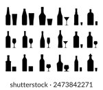 Alcohol drinks set silhouette. Bottles with glasses. Vodka champagne wine whiskey beer brandy tequila cognac liquor vermouth gin rum absinthe sambuca cider bourbon. Vector illustration flat style