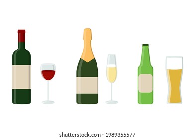 Alcohol drinks set. Wine, champagne and beer. Bottles and glasses collection