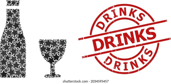 Alcohol drinks star pattern and grunge Drinks seal stamp. Red stamp with grunge surface and Drinks phrase inside circle. Abstract alcohol drinks mosaic is done from scattered flat star elements.