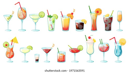 Alcohol drinks. Summer tropical cocktails with ice, citrus fruits, mint. Glasses with alcoholic beverages margarita, martini, mojito vector set. Exotic lemonade with tropical ingredients