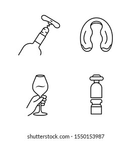 Alcohol drinks tableware linear icons set. Wine glasses, decanters, bottles thin line contour symbols. Foil cutter, corkscrew. Barman tools. Isolated vector outline illustrations. Editable stroke