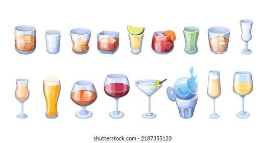 Las bebidas alcohólicas en gafas altas, gafas de disparo y goblets ilustran el vector. Carta de dibujos animados de cócteles fríos con hielo, bebidas alcohólicas aisladas fuertes y bajas en tazas de diferentes formas