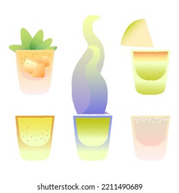 Alcohol drinks in tumbler glass. Vector flat illustration with texture and gradient. Alcohol cocktail drink with ice and tonic. Burning cocktail. Set of icons for menu and bar design