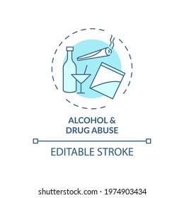 Alcohol and drug abuse blue concept icon. Unhealthy substance dependence. Smoking habit. Self control problem idea thin line illustration. Vector isolated outline RGB color drawing. Editable stroke