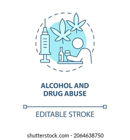 Icono del concepto azul del consumo de alcohol y drogas. Ilustración de línea delgada de idea abstracta de efecto de discurso de odio. adicción a las sustancias. Uso indebido de bebidas alcohólicas. Dibujo de color de contorno aislado del vector. Trazo editable