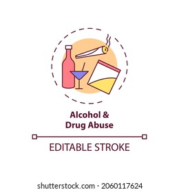 Alcohol and drug abuse concept icon. Unhealthy substance dependence. Smoking habit. Self control problem idea thin line illustration. Vector isolated outline RGB color drawing. Editable stroke