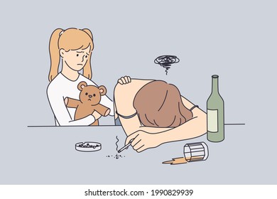 Alcohol drug addiction and help concept. Little sad cute girl standing near her mother and touching her shoulder wanting to help her feeling unhappy vector illustration 