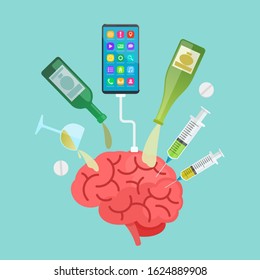 Alcohol, drug and gambling addiction. Destruction of the brain, human consciousness, closed mind. Modern lifestyle. Medical vector illustration, flat design element. Isolated background.