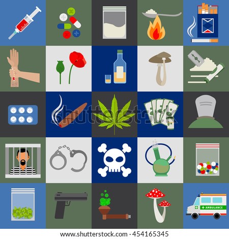 Alcohol, drugs and tabac colored flat vector icons