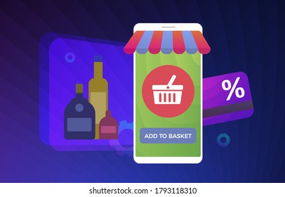 Alcohol E-commerce flat vector concept illustration. Online purchase of alcohol: vodka, whiskey, wine, rum by mobile phone in specialized alcohol shop stores with online payment and remote delivery.