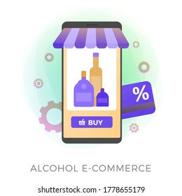 Alcohol E-commerce Flat Vector Icon. Online Purchase Of Alcohol: Wine, Cognac, Vodka, Whiskey, Rum By Mobile Phone In Specialized Alco Shop Store With Online Payment And Remote Delivery To The Client