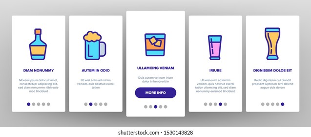 Alcohol Elements Onboarding Mobile App Page Screen Vector Icons Set Thin Line. Alcohol Beverage In Glass And Bottle Concept Linear Pictograms. Beer And Champagne, Wine And Whiskey Illustrations