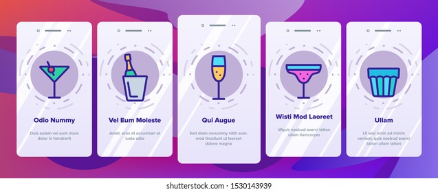 Alcohol Elements Onboarding Mobile App Page Screen Vector Icons Set Thin Line. Alcohol Beverage In Glass And Bottle Concept Linear Pictograms. Beer And Champagne, Wine And Whiskey Illustrations