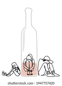 Alkohol und die Familie. Visualisierung der Alkoholabhängigkeit. Familie. Das Problem des Alkoholismus. Ein betrunkener Mann. Eine Mutter mit einem Kind weg von einem betrunkenen Vater. Konzept einer linearen Zeichnung