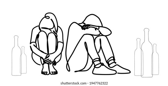 Alcohol and the family. Visualization of alcohol dependence. Family. The problem of alcoholism. A drunk man. A mother with a Child Away from a Drunken Father. The concept of a linear drawing
