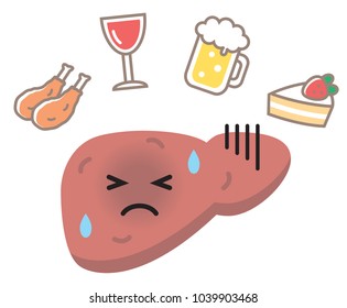 alcohol and fatty food induce liver disease. cute cartoon character isolated on white background