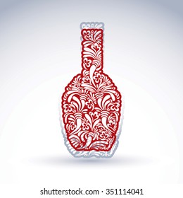 Alcohol flower-patterned bottle, classic pitcher with abstract natural vector pattern. Fun and relaxation symbol.