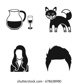 Alcohol, fox and other web icon in black style. woman, hair icons in set collection.