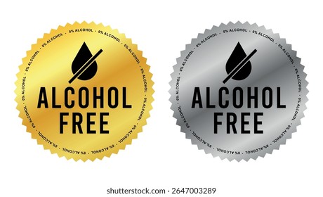 Alcohol Free badges in shiny gold and silver metallic style with drop icon representing safe and pure formulation	
