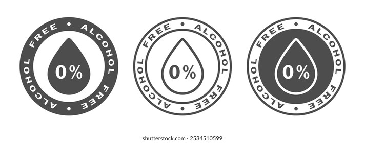 Alcohol free graphic icon set. 0% alcohol labels. Product without alcohol isolated signs on white background. Vector illustration