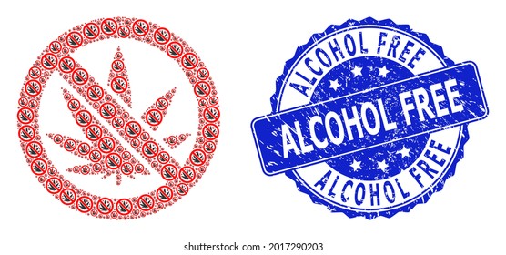 Alcohol Free grunge round stamp seal and vector recursion collage forbidden cannabis. Blue stamp contains Alcohol Free tag inside round shape.